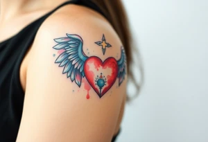 dainty catholic sacred heart with angel wings tattoo idea
