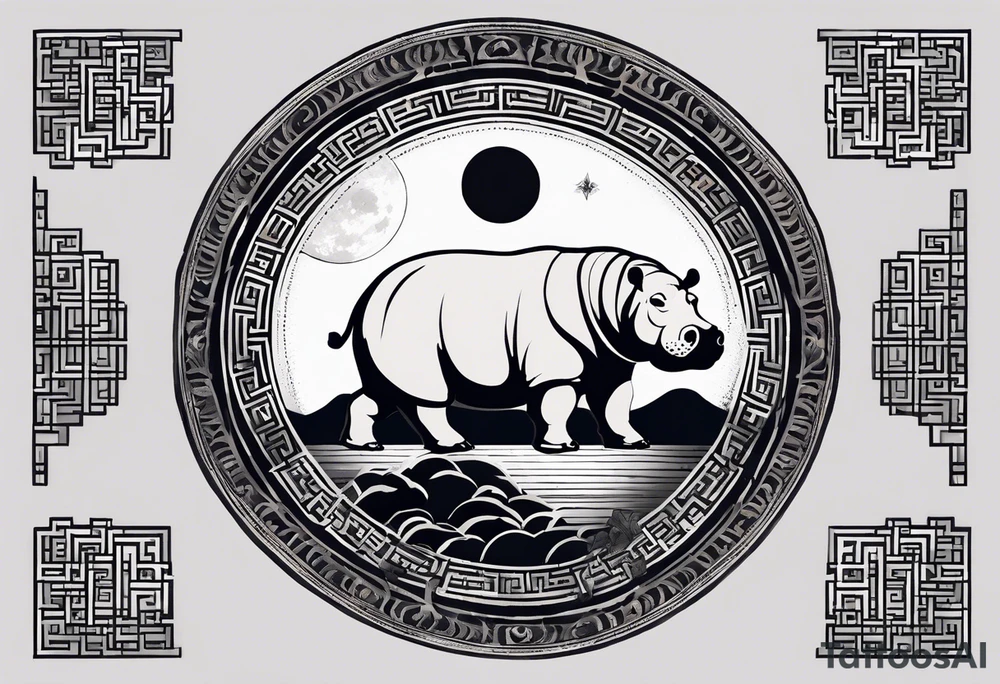 Very asymmetrical, +geometric pattern, with realistic full moon, with serious looking hippo, +zen feel, + Buddhism touch, +tribal, +geometric, +chinese inkart 
with wintersweet flower bud, +portrait orientation, +inkart touch, tattoo idea