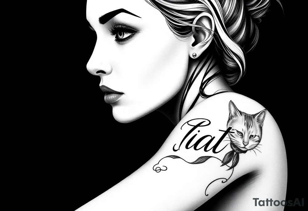 woman’s face with lettering and cat tattoo idea