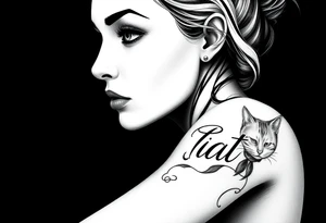 woman’s face with lettering and cat tattoo idea