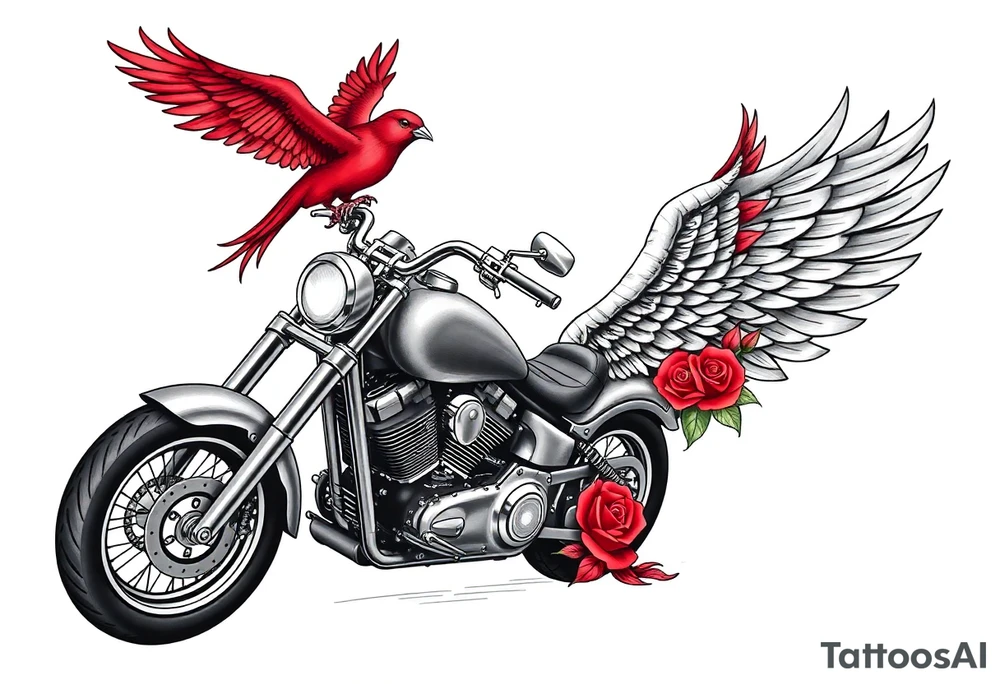 Harley grey motorcycle driving away, two red birds flying, roses, flames, angel wings tattoo idea