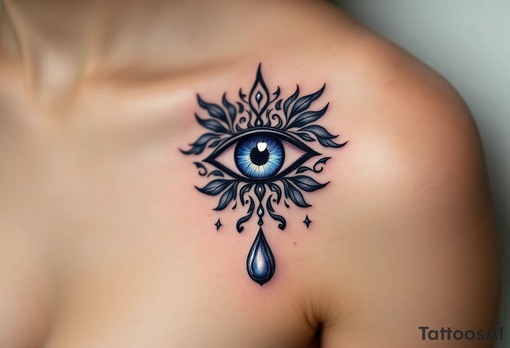 A black Nazar symbol (evil eye) with rich blue irises and a silver tear drop below. tattoo idea