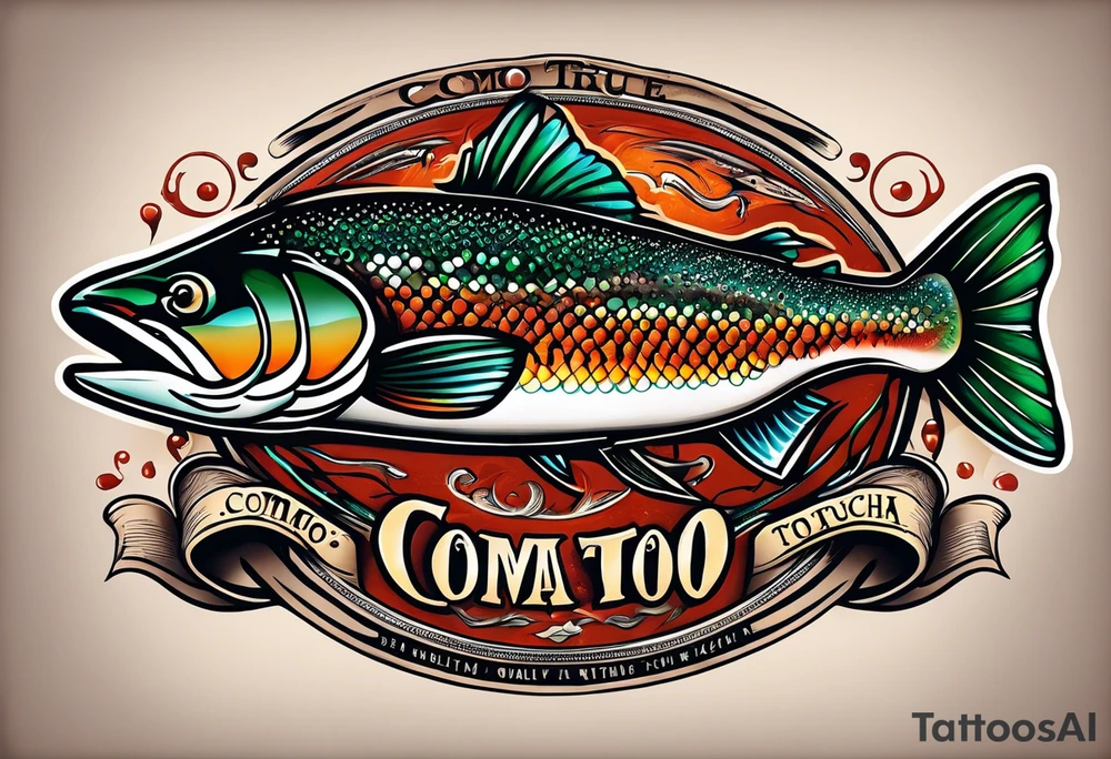A small tattoo with a shaded trout and text that says, 'Como la trucha...' drawn with fine lines." tattoo idea