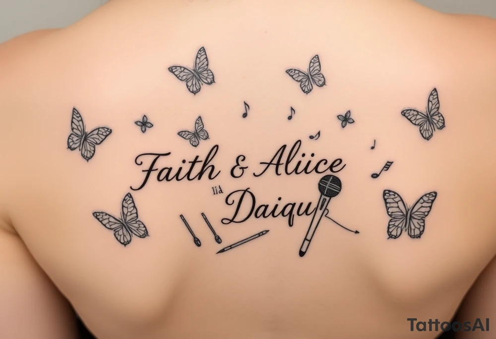 Names: Faith Alice Ida Daiquan surrounded with butterflies, musical notes, needle and thread, microphone and drumstick tattoo idea
