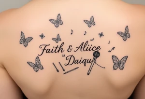 Names: Faith Alice Ida Daiquan surrounded with butterflies, musical notes, needle and thread, microphone and drumstick tattoo idea
