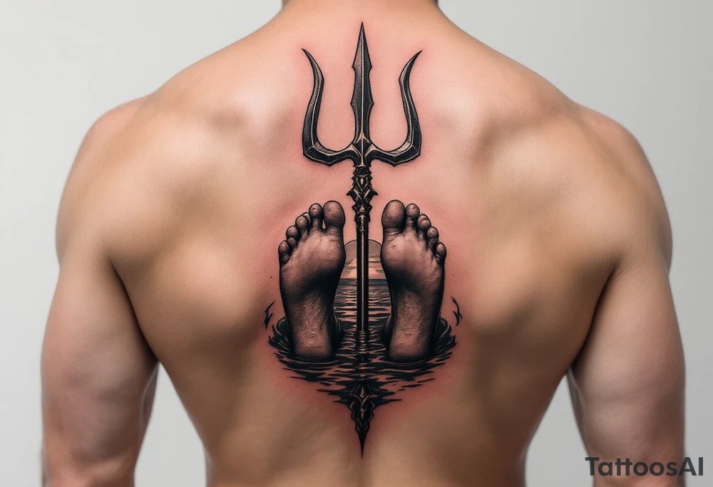 barefeet behind trident with water and sunset tattoo idea