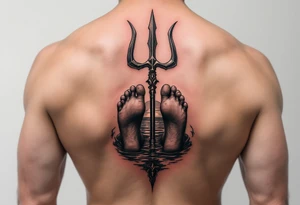 barefeet behind trident with water and sunset tattoo idea