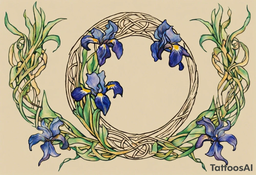 Create a small, delicate colorful Vincent van Gogh Irises tattoo in the form of a crescent, with vines or Celtic knots gracefully intertwining at a central point in the middle of the wreath.  In the middle of the wreath are mountains and other items found in New Mexico. Ensure that the design avoids the appearance of a bush and maintains a more structured and deliberate arrangement. The intended placement is on the upper chest. The overall design should be small in size while maintaining a delicate and artistic aesthetic. Pay attention to the graceful flow of the vines and the placement of the irises to achieve a refined and elegant look. tattoo idea