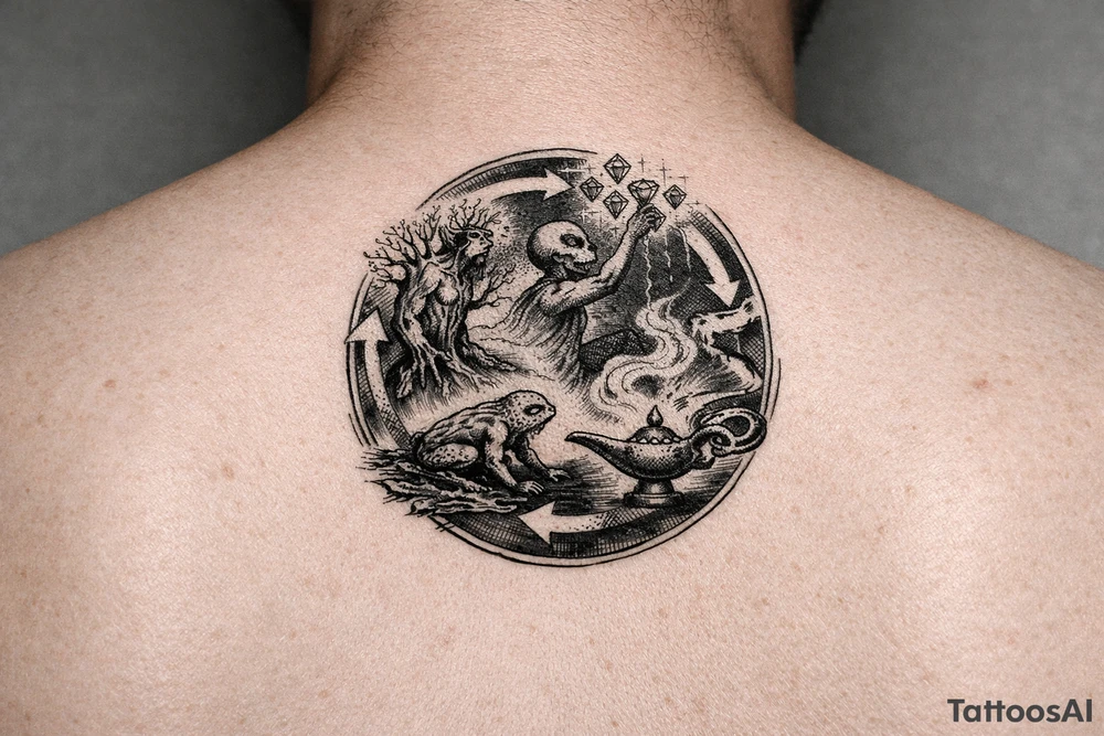 A man turning into a tree then sprouting into a from then evolving into a alien then reaching for the stares and grabbing diamonds out of the sky then getting sucked into a gene lamp cycle circle tattoo idea
