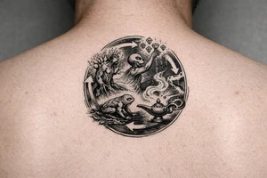 A man turning into a tree then sprouting into a from then evolving into a alien then reaching for the stares and grabbing diamonds out of the sky then getting sucked into a gene lamp cycle circle tattoo idea