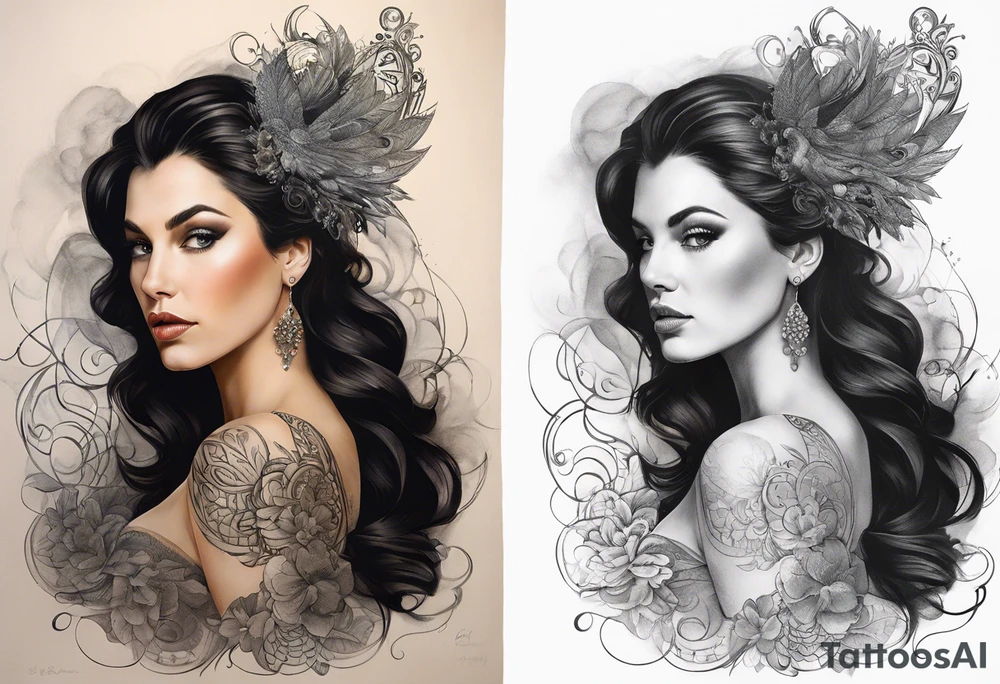 A white woman with dark hair and features. She will be posing sideways portrait style but looking head on. She needs to embody a modern queen. . And the outside of the tattoo can fade away with smoke. It’s for my outer shoulder so it’s about 20x7cm her hair should be down and loose and she can have 2-3 flowers in her hair. tattoo idea
