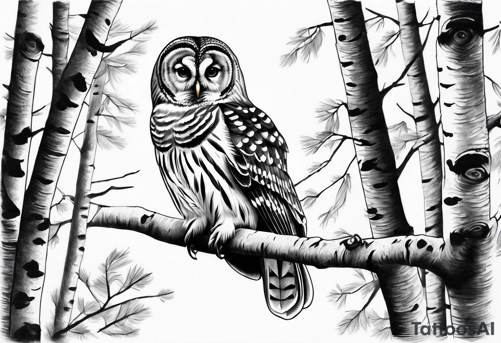 barred owl wings outstretched in front of birch trees tattoo idea