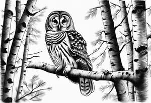 barred owl wings outstretched in front of birch trees tattoo idea