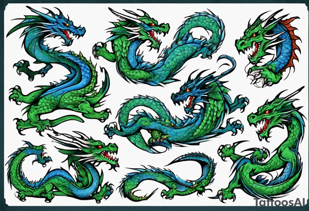blue and green dragons tattoo idea