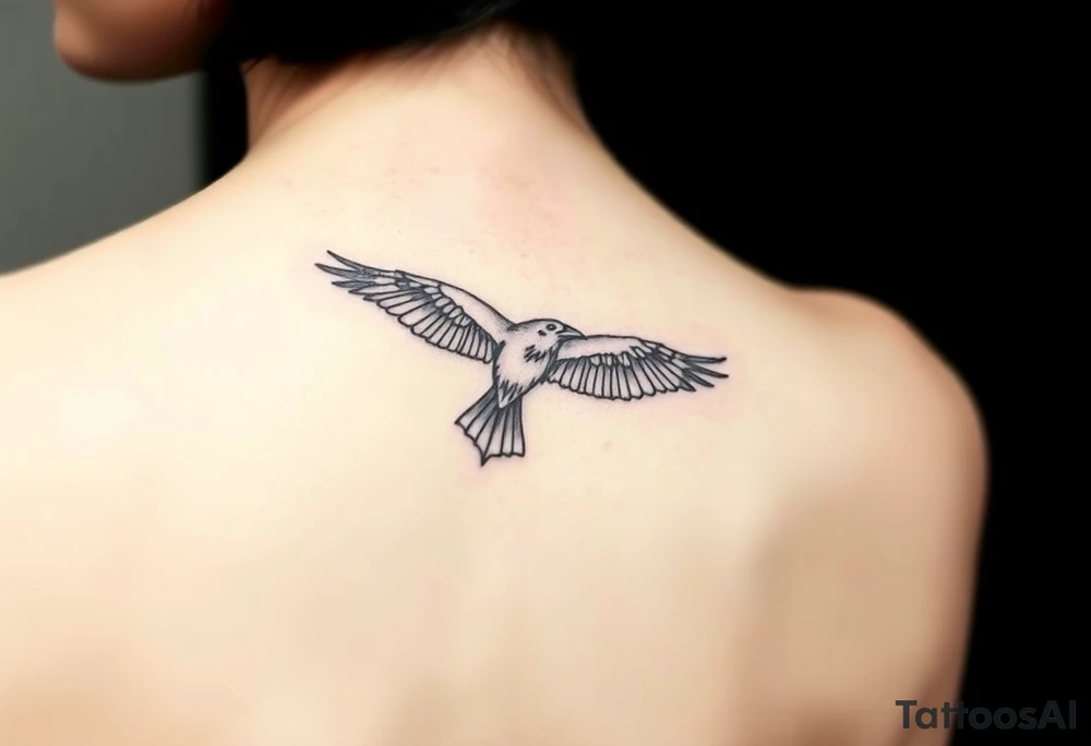 A detailed raven in mid-flight, wings spread wide with intricate feather patterns, symbolizing Tris’s journe and name TRIS tattoo idea
