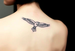 A detailed raven in mid-flight, wings spread wide with intricate feather patterns, symbolizing Tris’s journe and name TRIS tattoo idea