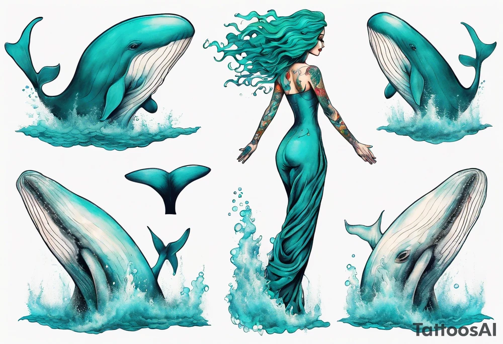 a tall woman made of water with turquoise hair standing on the back of a whale tattoo idea