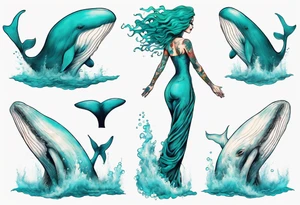 a tall woman made of water with turquoise hair standing on the back of a whale tattoo idea