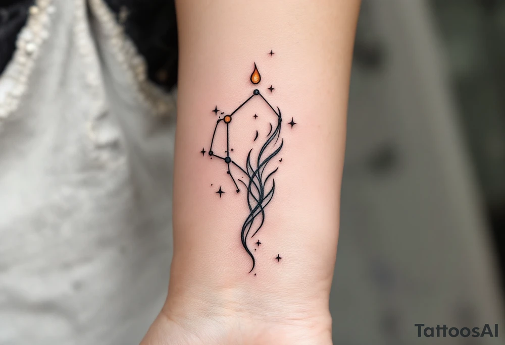 Radiating in sunset tones, this Aries tattoo intertwines the constellation with flames to echo the sign's fiery nature. tattoo idea