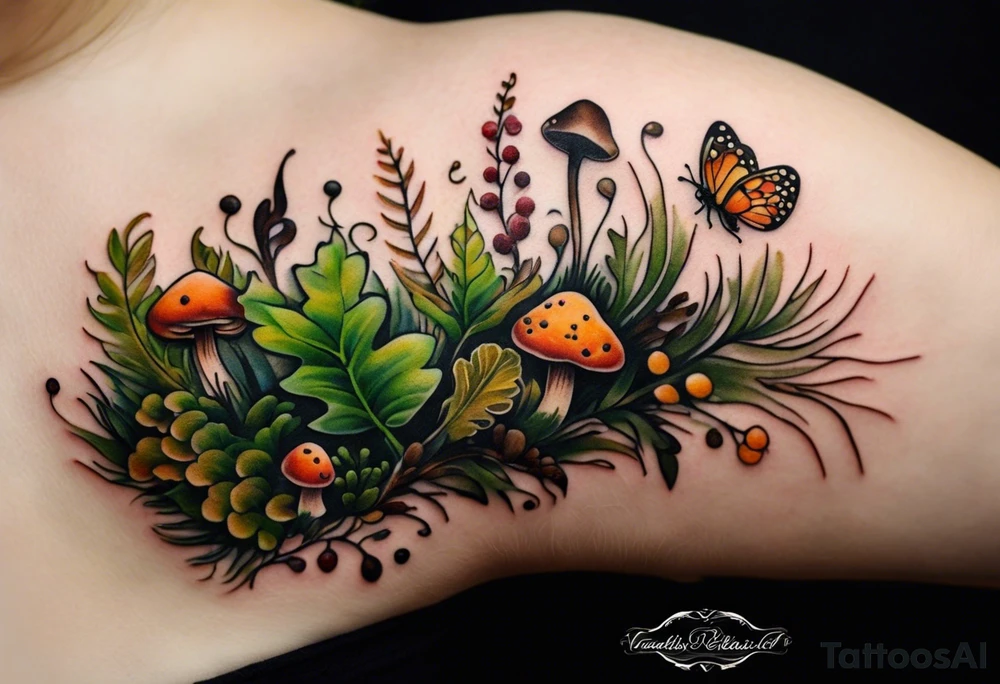 minimalistic forest floor inspired tattoo, which includes grass, moss, curly ferns and dead leaves as the bulk of the tattoo. details to include: forest berries, couple of very small brown mushrooms, a tiny bumblebee flying nearby tattoo idea