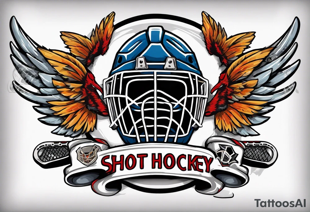 hockey puck with wings and a goalie mask that says "SHOT HOCKEY" tattoo idea