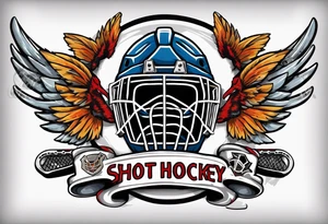 hockey puck with wings and a goalie mask that says "SHOT HOCKEY" tattoo idea