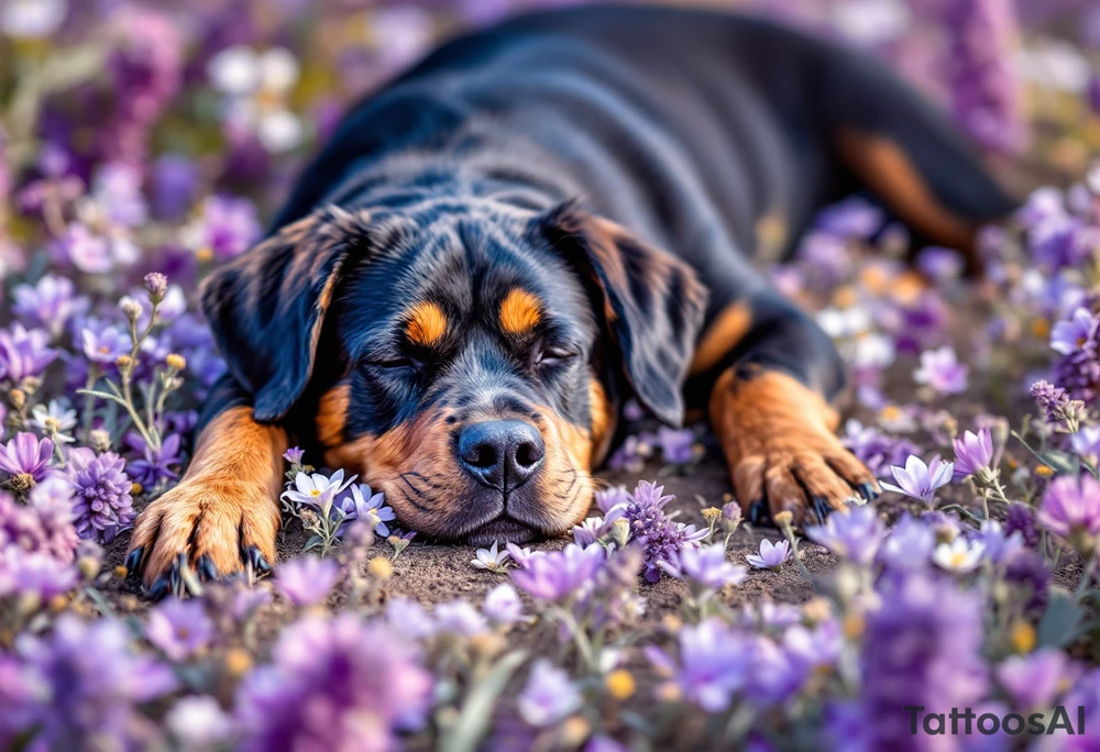 Rottweiler in Flowers – A full-body Rottweiler lying peacefully in a field of purple wildflower tattoo idea