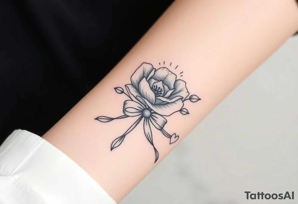 A beautiful flower with a card queen sign and a ribbon tied around the flower with banríona and a small heart tattoo idea