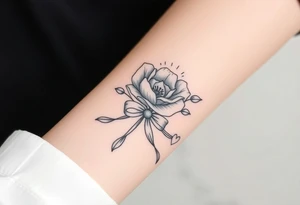 A beautiful flower with a card queen sign and a ribbon tied around the flower with banríona and a small heart tattoo idea