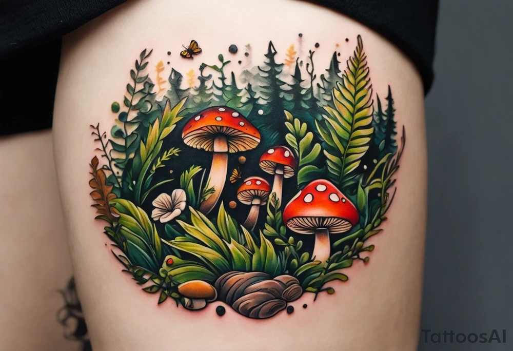 minimalistic forest floor inspired tattoo, which includes grass, moss, curly ferns and dead leaves as the bulk of the tattoo. details to include: forest berries, couple of very small brown mushrooms, a tiny bumblebee flying nearby tattoo idea