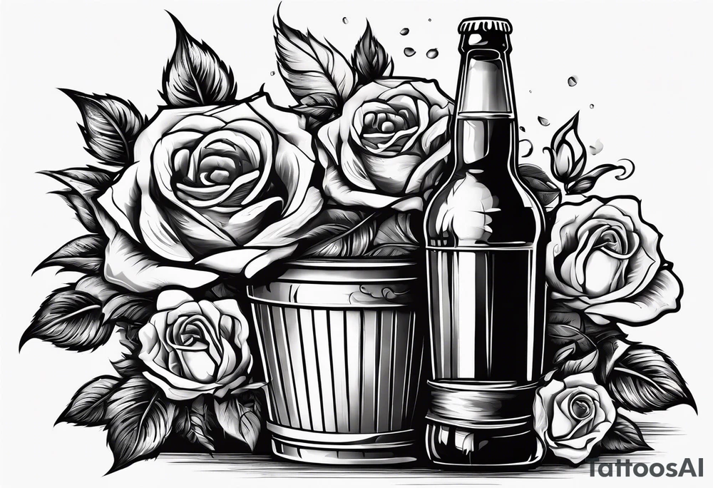 A bottle of beer and a stalk of rose in the bucket tattoo idea