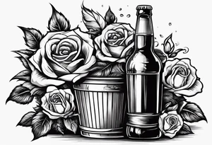 A bottle of beer and a stalk of rose in the bucket tattoo idea
