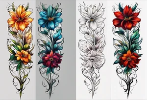 long vertical tattoo to cover my whole shin showing two separate flower stems wrapped around each other, I want a long stem to shower them intertwined tattoo idea