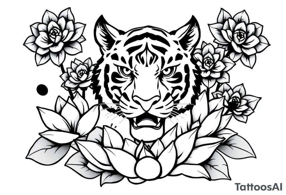 fierce tiger emerging through blooming lotus flowers in mist tattoo idea