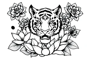 fierce tiger emerging through blooming lotus flowers in mist tattoo idea