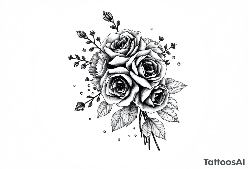 vintage bouquet of wild roses and meadow flowers with morning dew tattoo idea