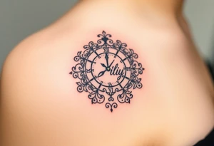 An analog clock, with intricate patterns forming around the child’s name "Lily" and date "18. 05. 2017", in black and gold for a timeless look tattoo idea