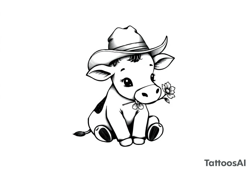 cute black and white baby cow sitting wearing a cowboy hat with a flower in mouth tattoo idea