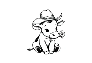 cute black and white baby cow sitting wearing a cowboy hat with a flower in mouth tattoo idea