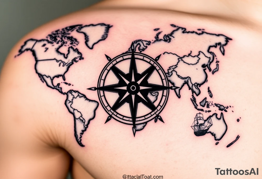 antique compass rose overlaid on weathered world map with sailing ships tattoo idea