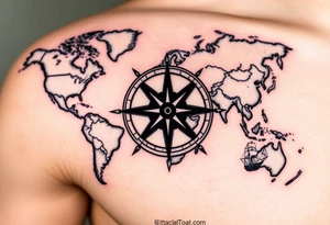 antique compass rose overlaid on weathered world map with sailing ships tattoo idea