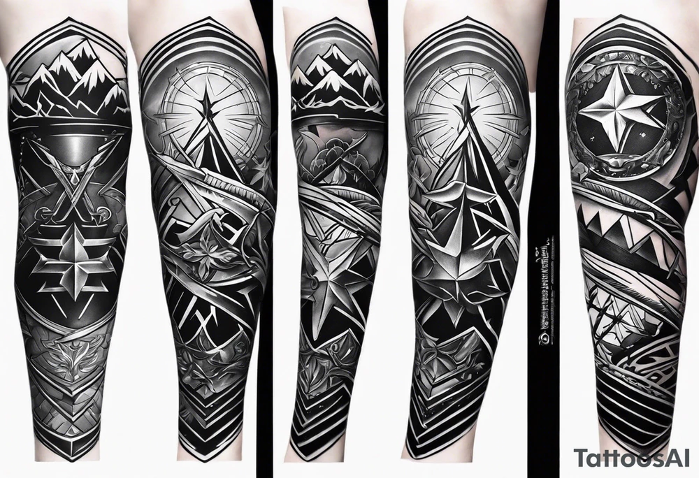 complete upper arm sleeve. Feature three mountain side by side, with 3 stars above them crossed sword patterns that evoke the Valkyrie spirit. Keep the design in clean, simple lines. tattoo idea