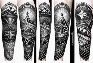 complete upper arm sleeve. Feature three mountain side by side, with 3 stars above them crossed sword patterns that evoke the Valkyrie spirit. Keep the design in clean, simple lines. tattoo idea