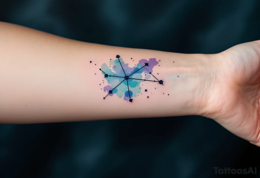 A watercolor-style Sagittarius constellation in shades of indigo, teal, and violet splashed across the forearm like a night sky. tattoo idea