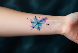 A watercolor-style Sagittarius constellation in shades of indigo, teal, and violet splashed across the forearm like a night sky. tattoo idea
