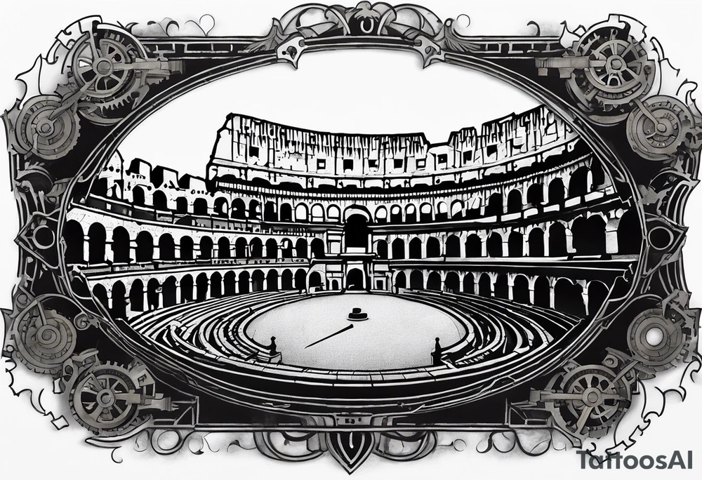 A mechanical clock with internal gears transitions into a weathered Roman colosseum in the background. A script quote, “it’s not the critic that counts it’s the man in the arena@ embedded tattoo idea