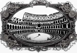 A mechanical clock with internal gears transitions into a weathered Roman colosseum in the background. A script quote, “it’s not the critic that counts it’s the man in the arena@ embedded tattoo idea