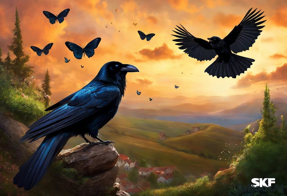 A butterfly flies towards the sky. Below the butterfly, a raven flies towards the sky. 
The butterfly and the raven are the same size
In the background is the name Malia.
In the background is the name SKF.
The number 89 can be seen in the background.
There is also a scorpion in the wing of the butterfly. tattoo idea