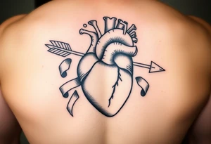 anatomical heart pierced by ornate arrow with flowing ribbons tattoo idea