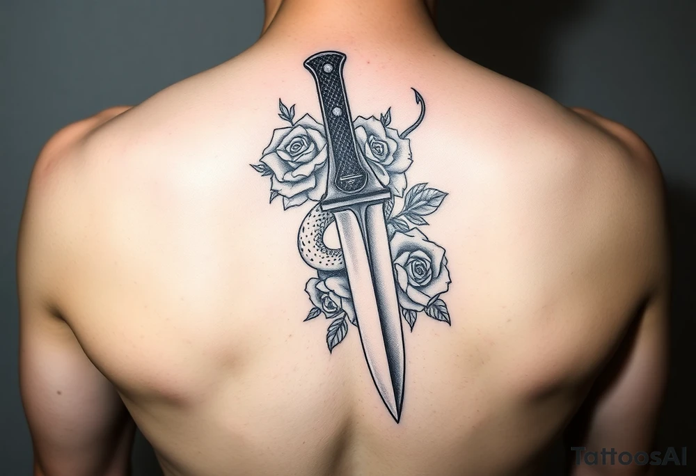 Handgun with knife with snake wrapped around it with roses tattoo idea